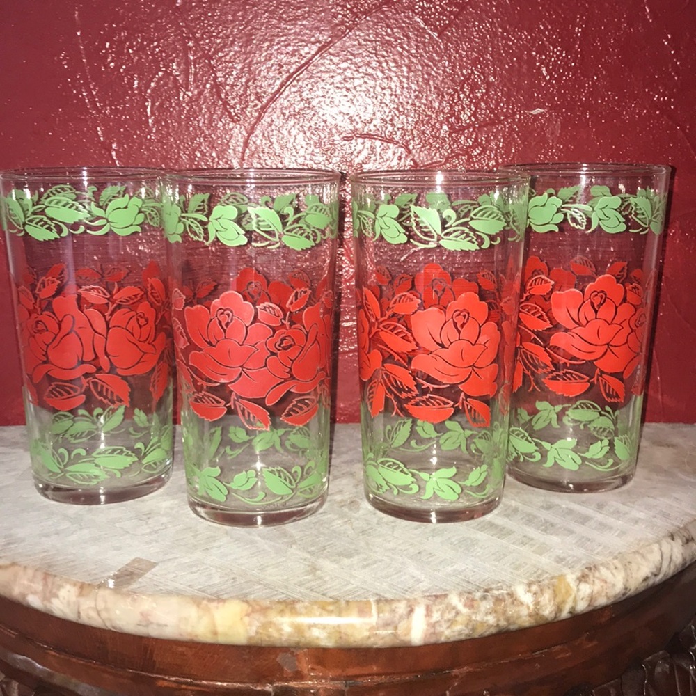 Libby VTG Red/Green Rose Tumblers Drinking Glass-4